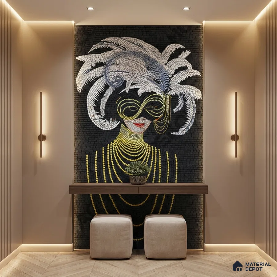 Art Deco foyer with mosaic accent wall, beige fluted panels, and wooden console