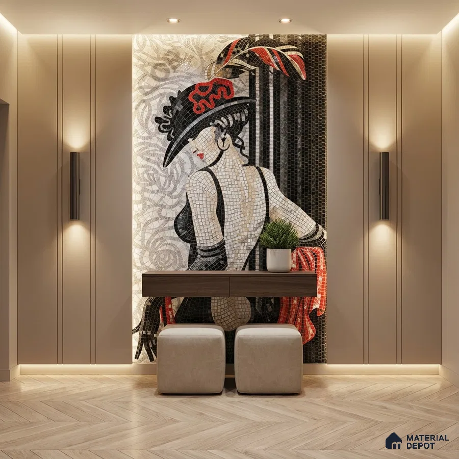 Art Deco foyer with mosaic poster mural tile on wall, taupe wall panels, and herringbone wooden flooring