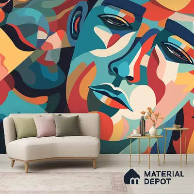 Art Deco living room with abstract geometric mural wallpaper and light wood flooring in Bengaluru