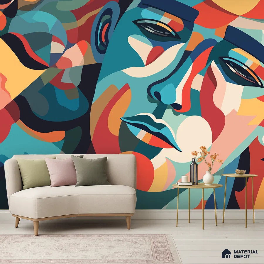 Art Deco living room with abstract geometric mural wallpaper and light wood flooring in Bengaluru