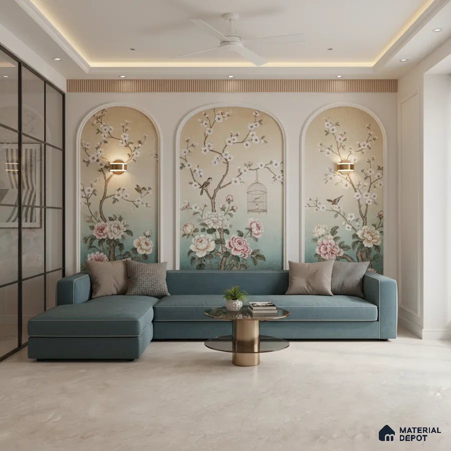Art Deco living room with chinoiserie floral wallpaper and beige marble floor tile in Bengaluru