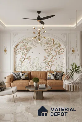 Art Deco living room with chinoiserie floral wallpaper and glossy beige marble floor tiles in Bengaluru