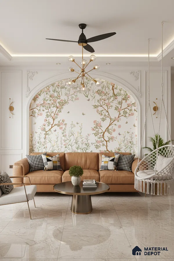 Art Deco living room with chinoiserie floral wallpaper and glossy beige marble floor tiles in Bengaluru