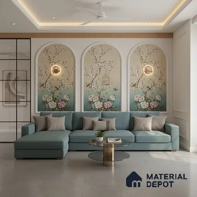 Art Deco living room with chinoiserie floral wallpaper and grey large format floor tiles in Bengaluru