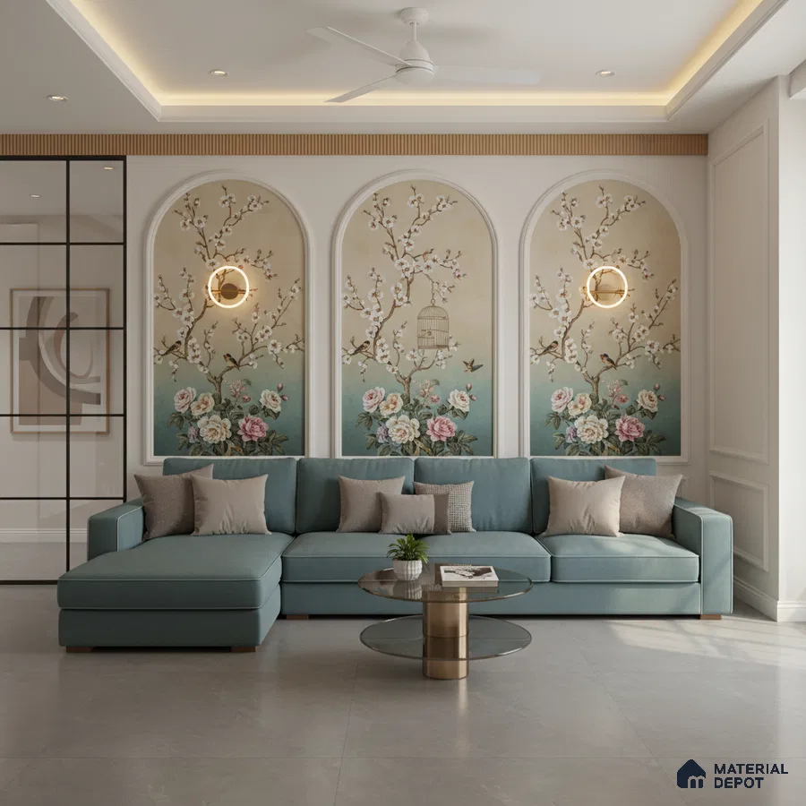 Art Deco living room with chinoiserie floral wallpaper and grey large format floor tiles in Bengaluru