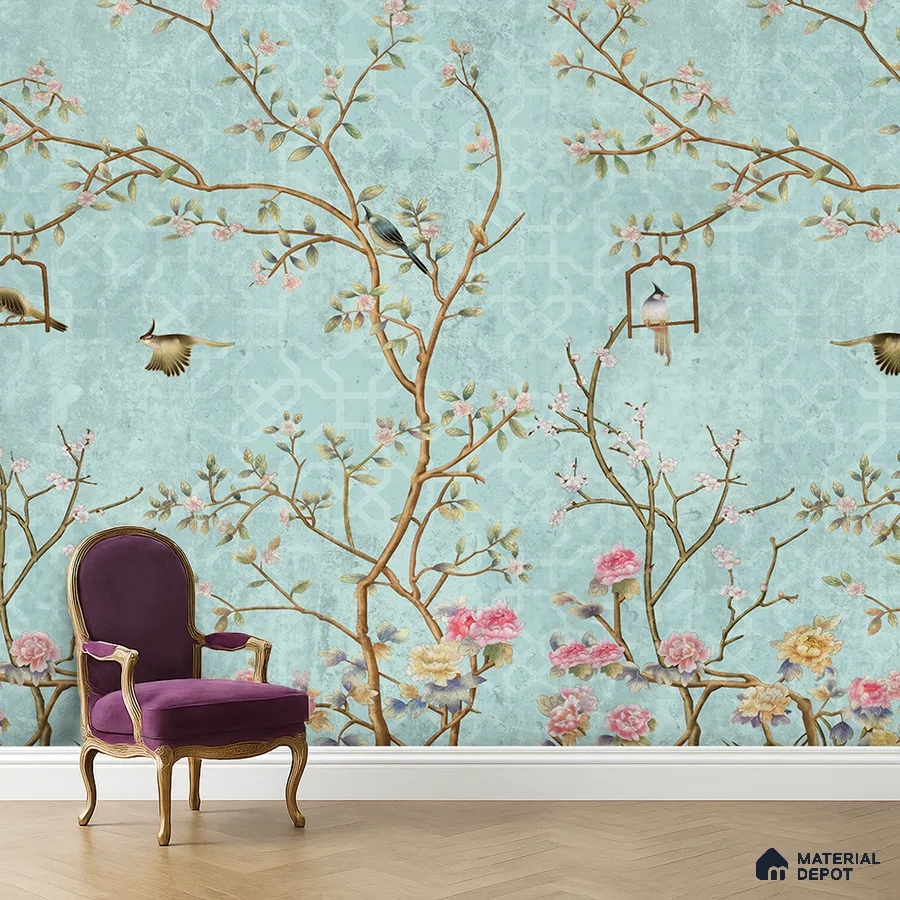 Art Deco living room with chinoiserie floral wallpaper and herringbone wood flooring in Bengaluru
