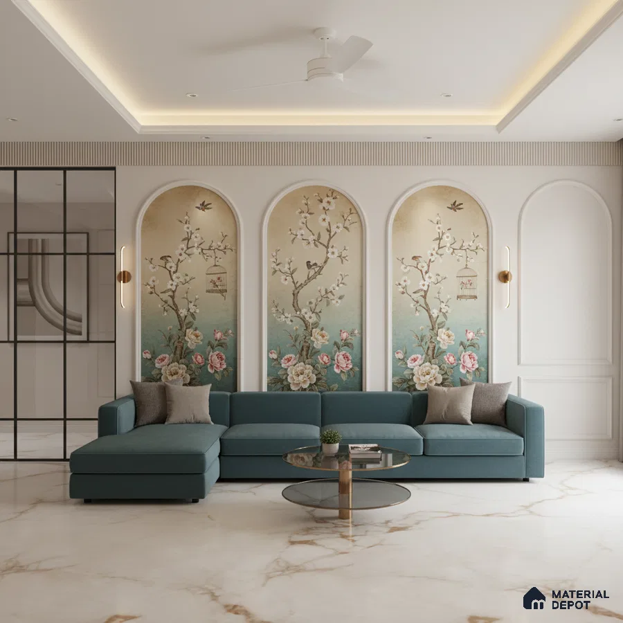 Art Deco living room with chinoiserie floral wallpaper and marble floor tile in Bengaluru