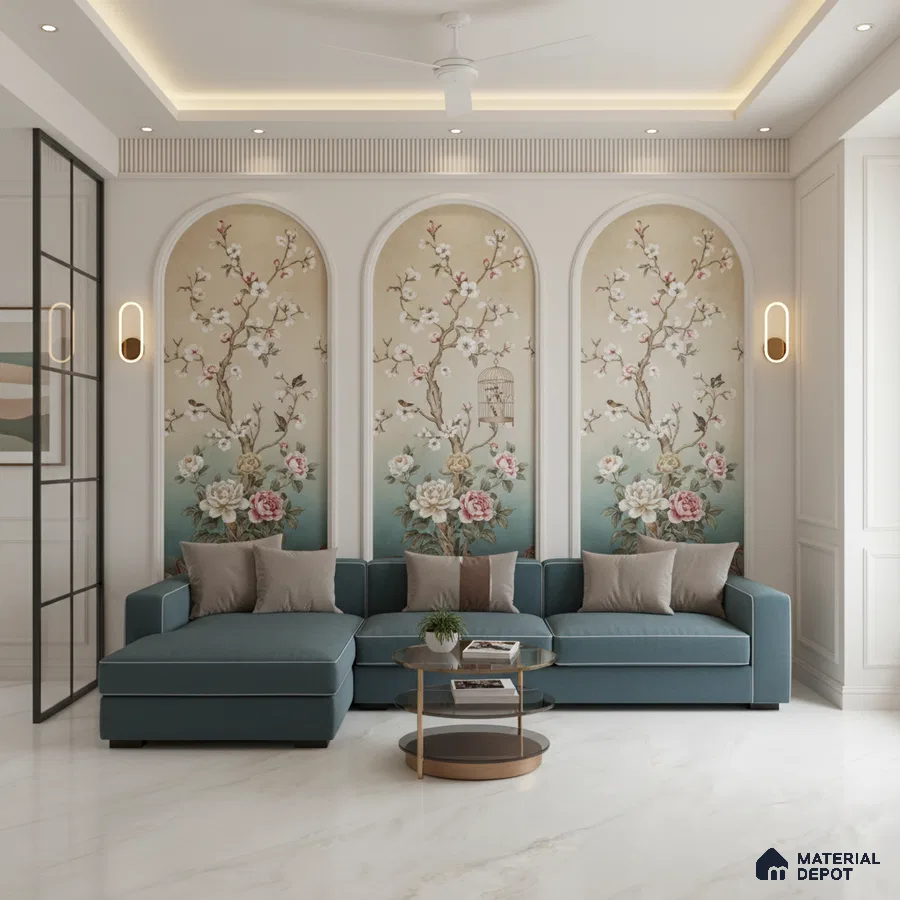 Art Deco living room with chinoiserie floral wallpaper and marble look floor tile in Bengaluru