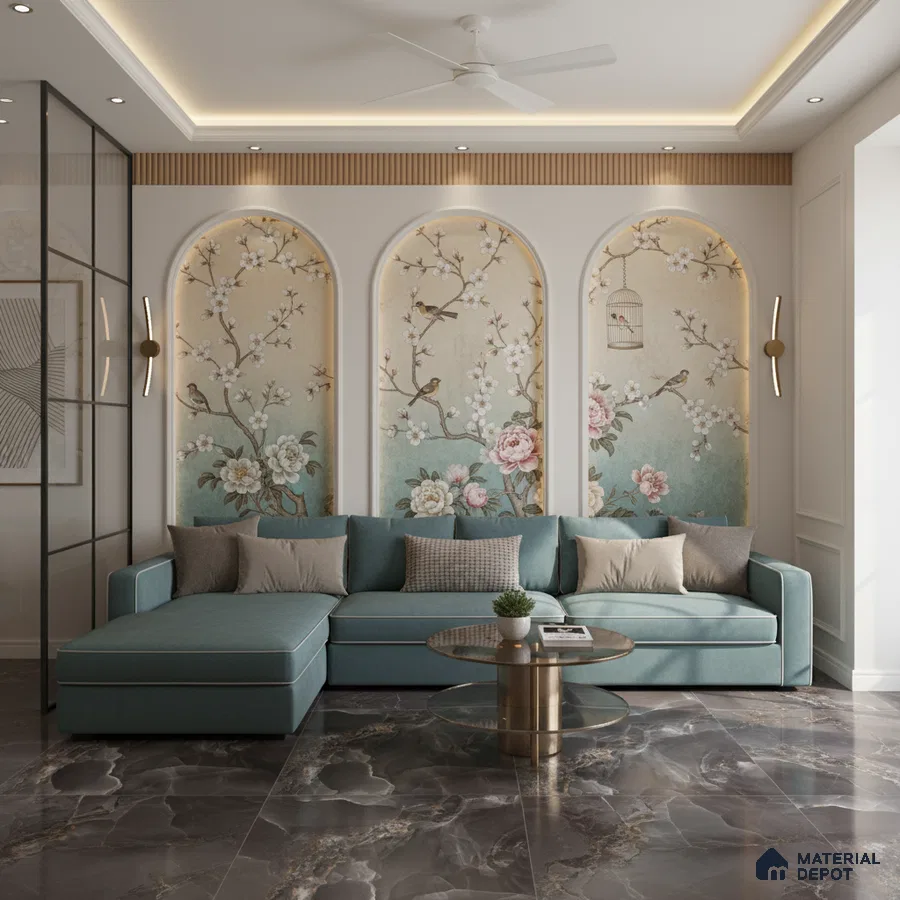 Art Deco living room with chinoiserie floral wallpaper and marble look floor tiles in Bengaluru