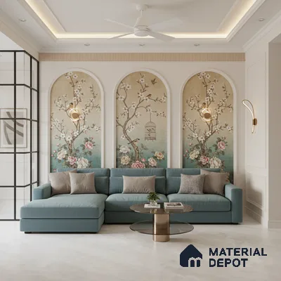 Art Deco living room with chinoiserie floral wallpaper and pastel blue sofa in Bengaluru