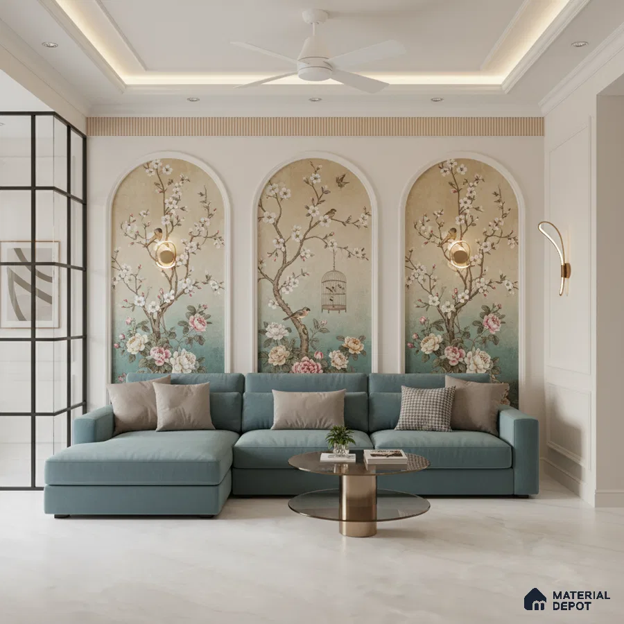 Art Deco living room with chinoiserie floral wallpaper and pastel blue sofa in Bengaluru