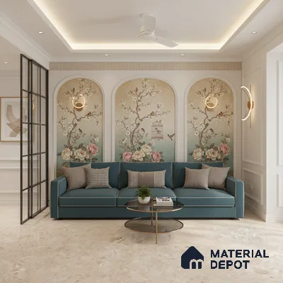 Art Deco living room with chinoiserie floral wallpaper and teal sofa in Bengaluru