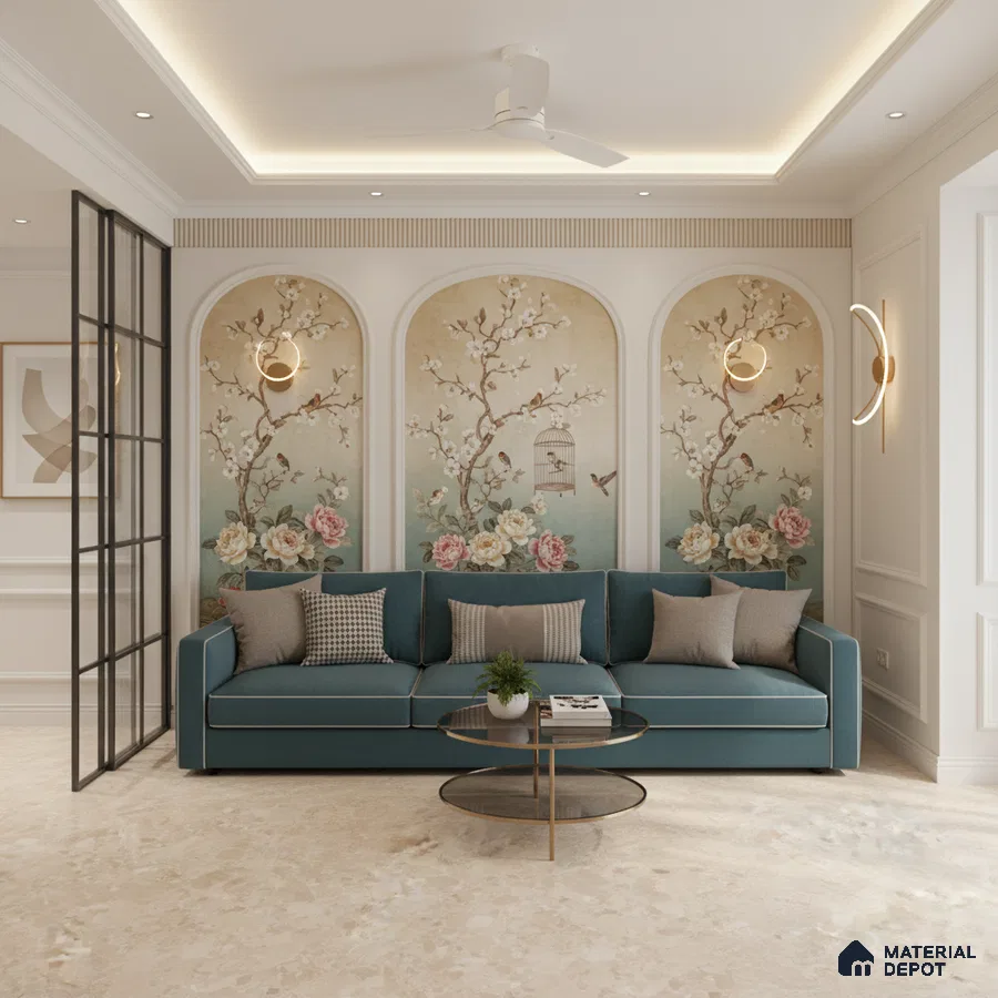 Art Deco living room with chinoiserie floral wallpaper and teal sofa in Bengaluru