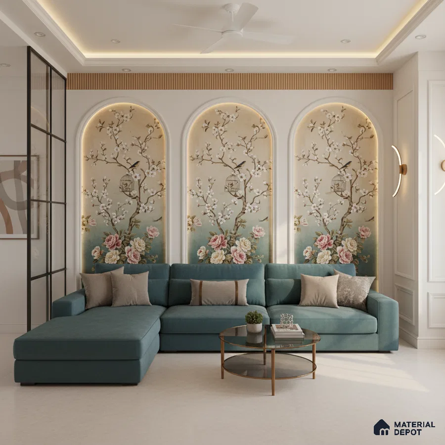 Art Deco living room with chinoiserie floral wallpaper and teal upholstered sofa in Bengaluru