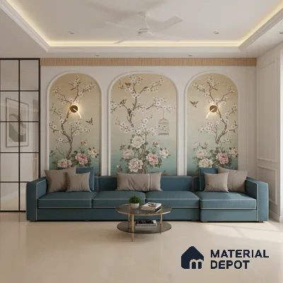 Art Deco living room with chinoiserie floral wallpaper and teal upholstered sofa in Bengaluru