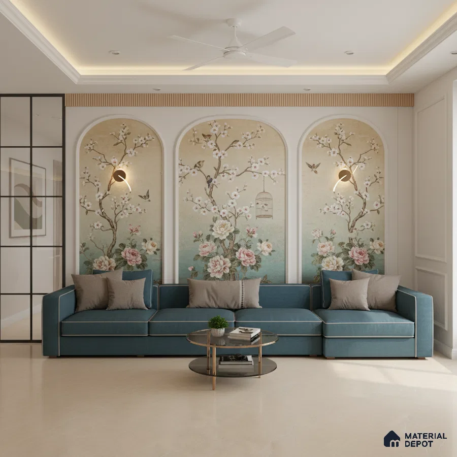Art Deco living room with chinoiserie floral wallpaper and teal upholstered sofa in Bengaluru
