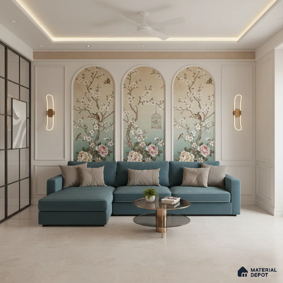 Art Deco living room with chinoiserie floral wallpaper and teal velvet sofa in Bengaluru