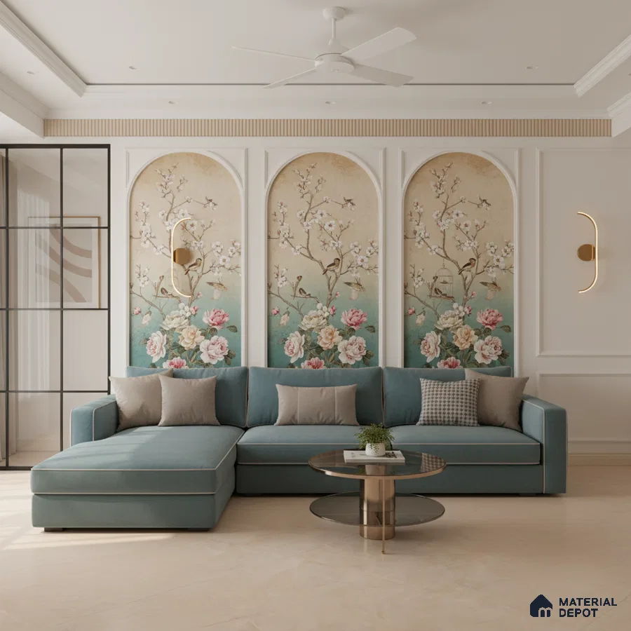 Art Deco living room with chinoiserie floral wallpaper and teal velvet sofa in Bengaluru