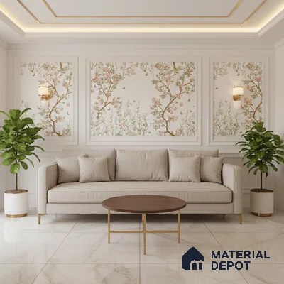 Art Deco living room with chinoiserie floral wallpaper and white marble floor tiles in Bengaluru