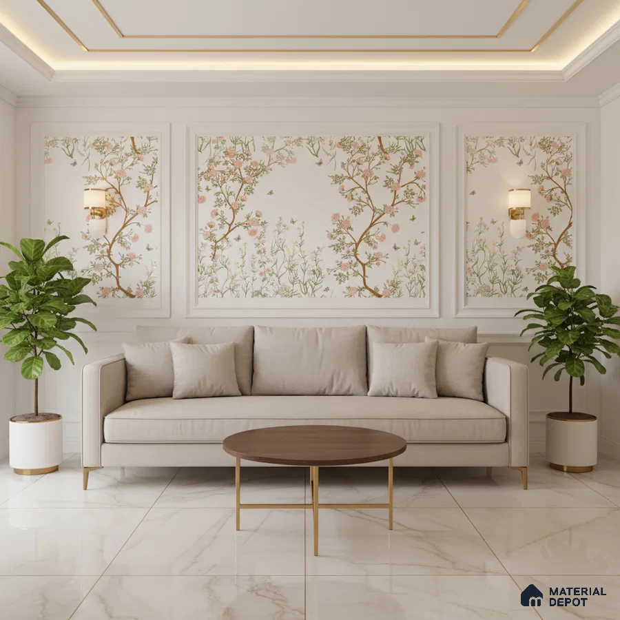 Art Deco living room with chinoiserie floral wallpaper and white marble floor tiles in Bengaluru