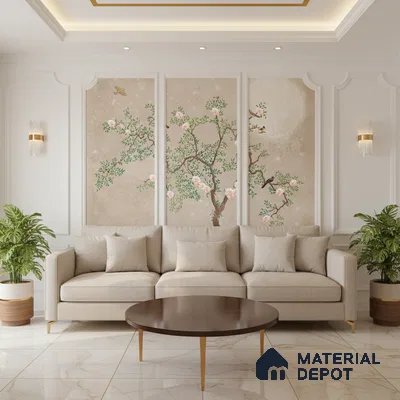 Art Deco living room with chinoiserie floral wallpaper, beige sofa, and marble floor tiles in Bengaluru