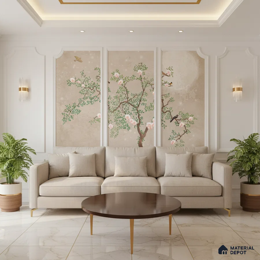 Art Deco living room with chinoiserie floral wallpaper, beige sofa, and marble floor tiles in Bengaluru