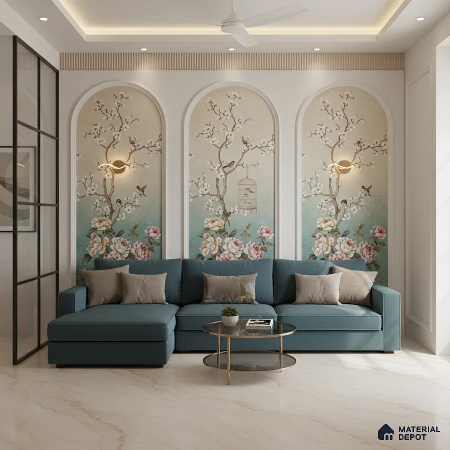 Art Deco living room with chinoiserie floral wallpaper, teal sofa, and marble floor tiles in Bengaluru