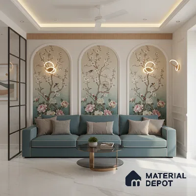 Art Deco living room with chinoiserie floral wallpaper, teal sofa, and white marble floor tile in Bengaluru