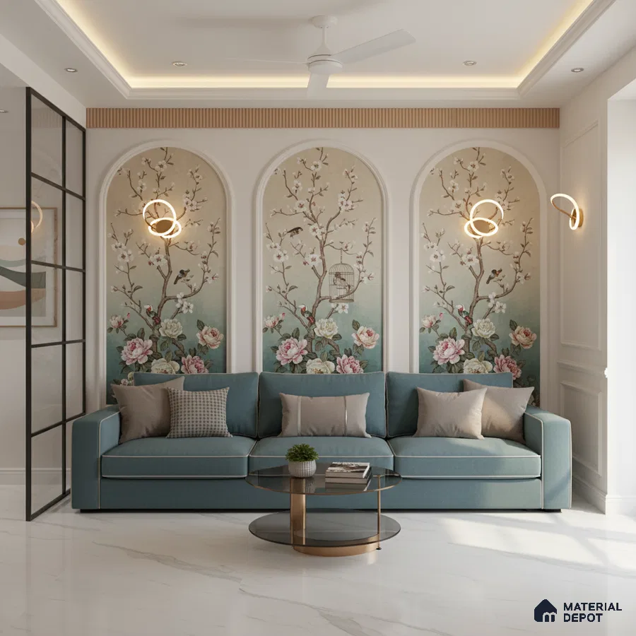 Art Deco living room with chinoiserie floral wallpaper, teal sofa, and white marble floor tile in Bengaluru
