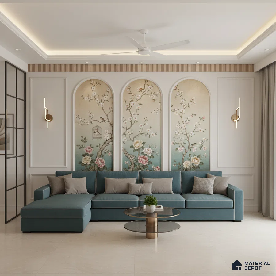 Art Deco living room with chinoiserie floral wallpaper, teal upholstered sofa, and beige marble floor tile in Bengaluru