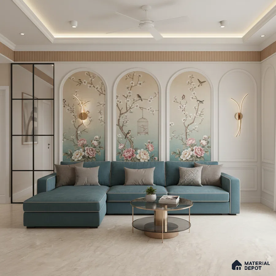 Art Deco living room with chinoiserie floral wallpaper, teal velvet sofa, and marble floor tile in Bengaluru