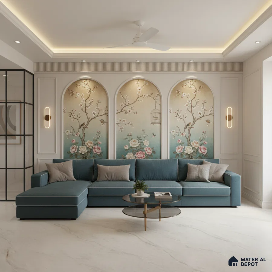 Art Deco living room with chinoiserie floral wallpaper, teal velvet sofa, and marble look floor tile in Bengaluru