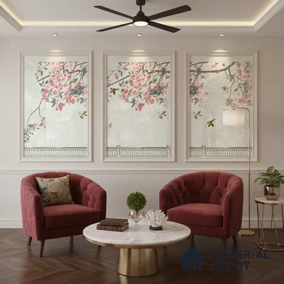 Art Deco living room with chinoiserie floral wallpaper, velvet chairs, and marble coffee table in Bengaluru