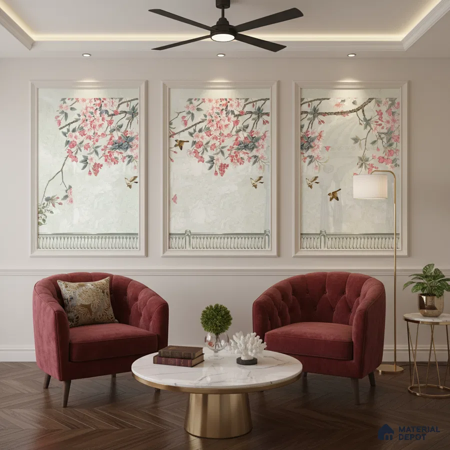 Art Deco living room with chinoiserie floral wallpaper, velvet chairs, and marble coffee table in Bengaluru