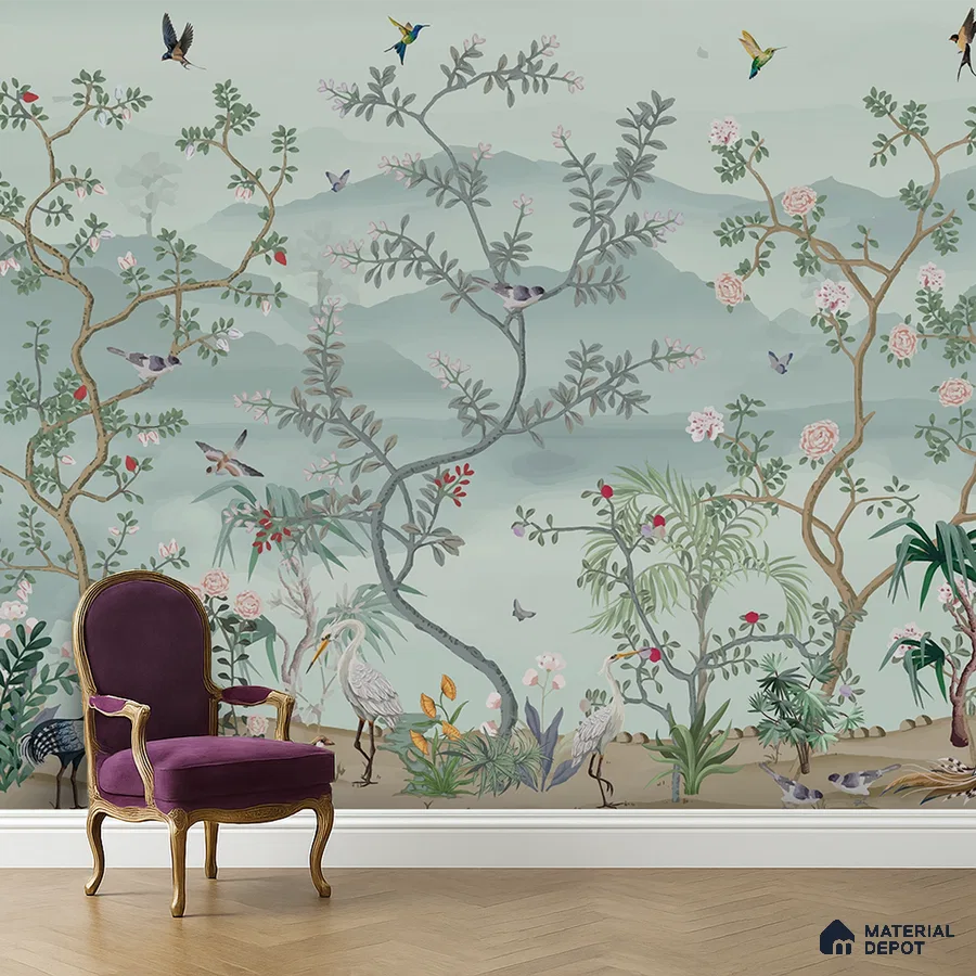Art Deco living room with chinoiserie wallpaper and herringbone wood flooring in Bengaluru