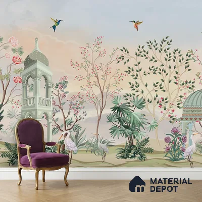 Art Deco living room with chinoiserie wallpaper and herringbone wooden flooring in Bengaluru