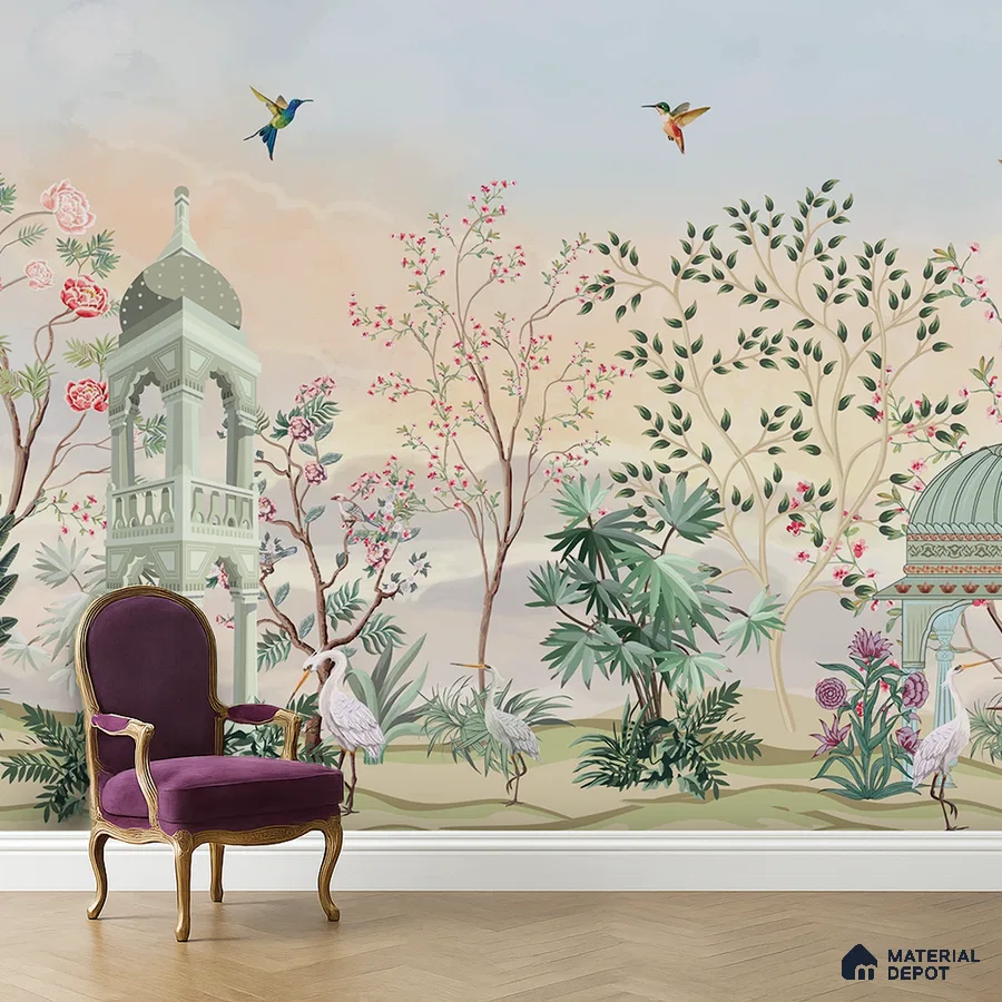 Art Deco living room with chinoiserie wallpaper and herringbone wooden flooring in Bengaluru