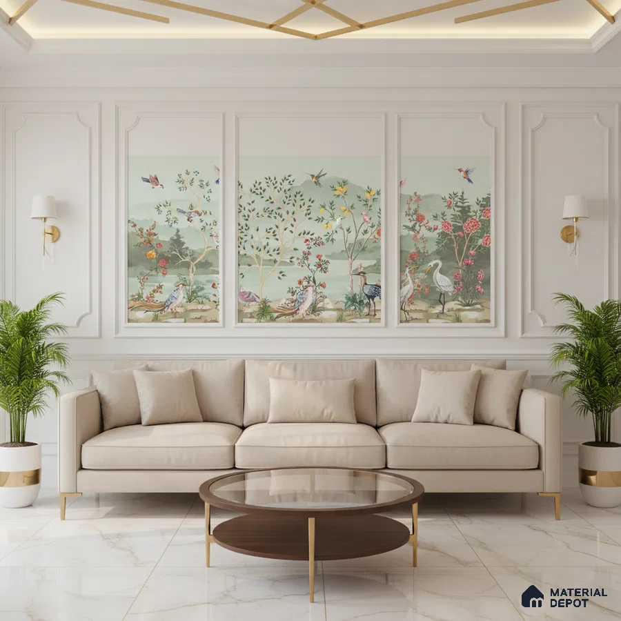 Art Deco living room with chinoiserie wallpaper and white marble floor tiles in Bengaluru