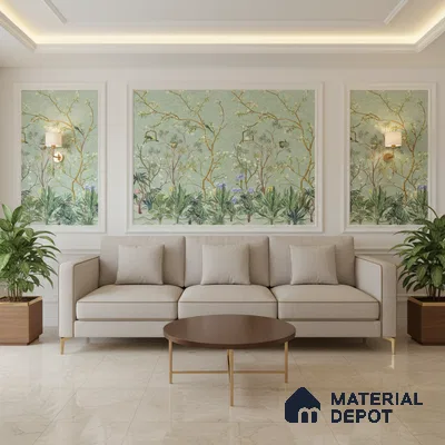 Art Deco living room with chinoiserie wallpaper, beige marble floor tiles, and neutral sofa in Bengaluru