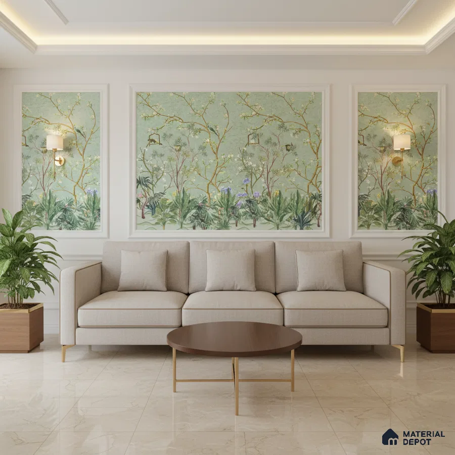 Art Deco living room with chinoiserie wallpaper, beige marble floor tiles, and neutral sofa in Bengaluru