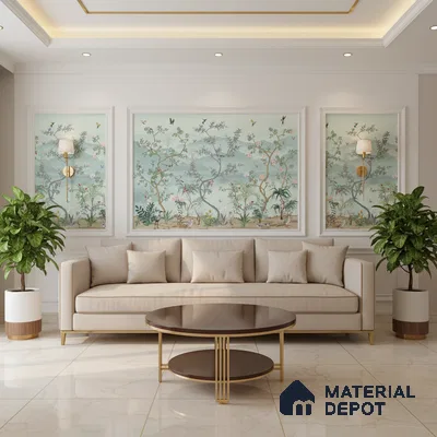 Art Deco living room with chinoiserie wallpaper, beige sofa, and marble floor tiles in Bengaluru