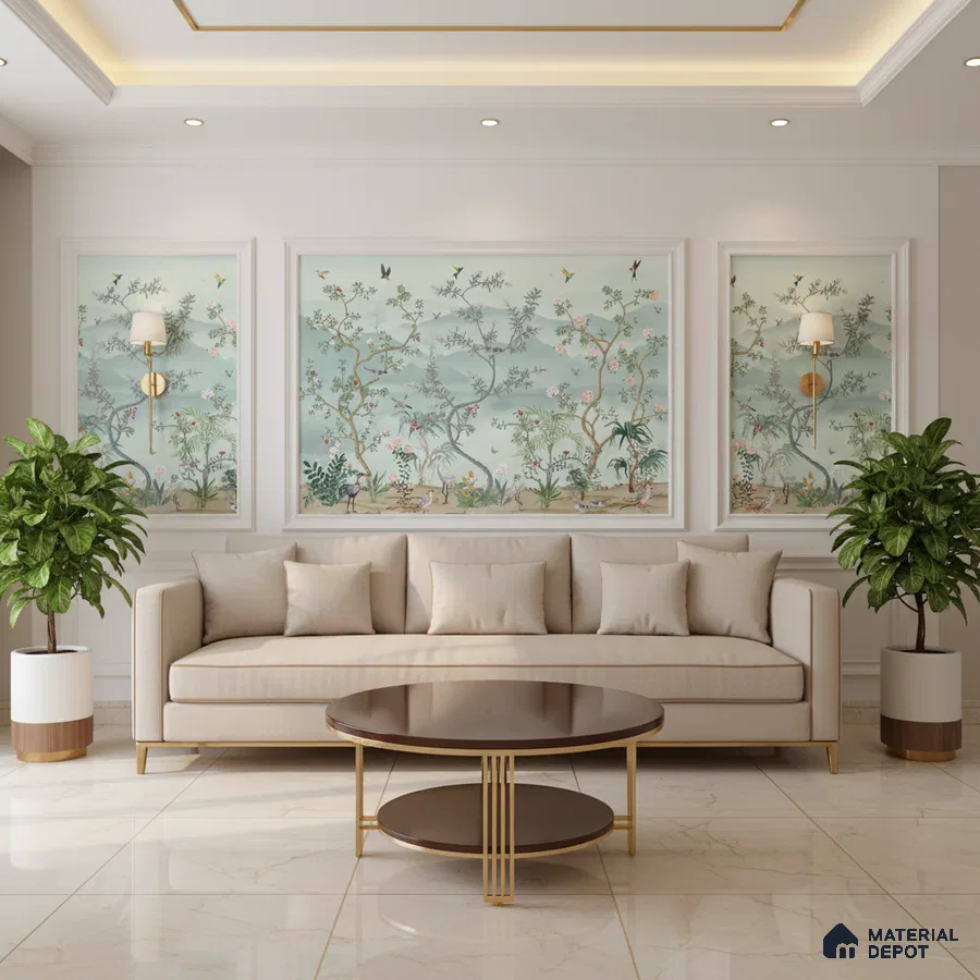 Art Deco living room with chinoiserie wallpaper, beige sofa, and marble floor tiles in Bengaluru
