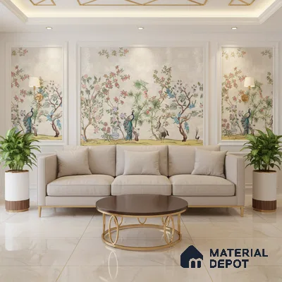 Art Deco living room with chinoiserie wallpaper, beige sofa, and marble floor tiles in Bengaluru