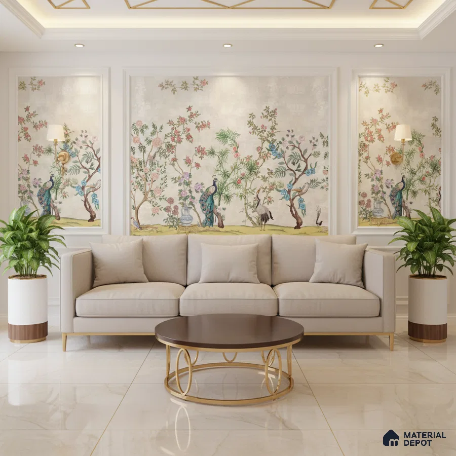 Art Deco living room with chinoiserie wallpaper, beige sofa, and marble floor tiles in Bengaluru