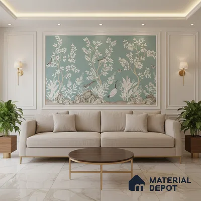 Art Deco living room with chinoiserie wallpaper, beige sofa, and marble floor tiles in Bengaluru