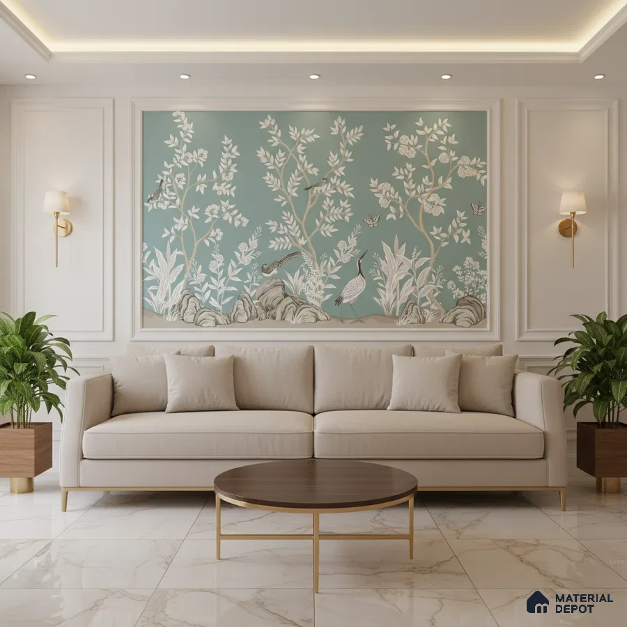 Art Deco living room with chinoiserie wallpaper, beige sofa, and marble floor tiles in Bengaluru