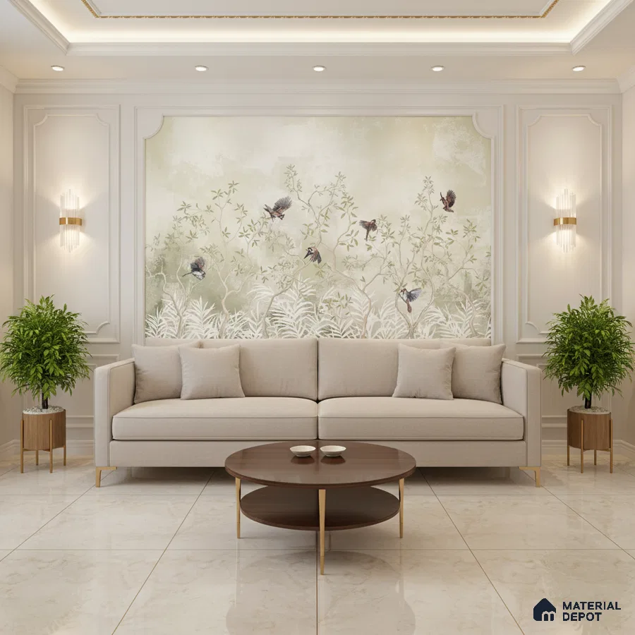 Art Deco living room with chinoiserie wallpaper, beige sofa, and polished marble floor tiles in Bengaluru
