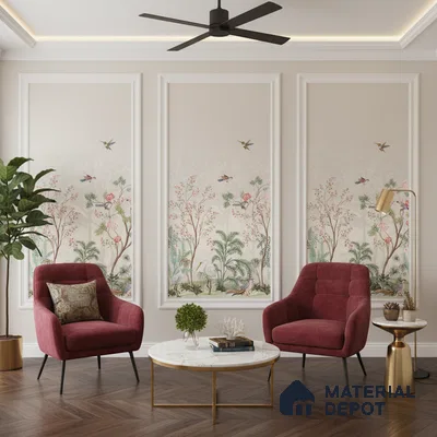 Art Deco living room with chinoiserie wallpaper, marble coffee table, and herringbone wooden flooring in Bengaluru