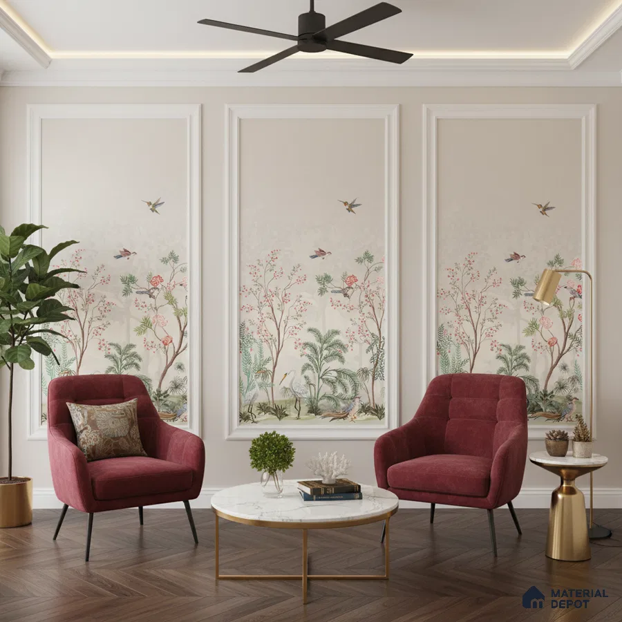 Art Deco living room with chinoiserie wallpaper, marble coffee table, and herringbone wooden flooring in Bengaluru