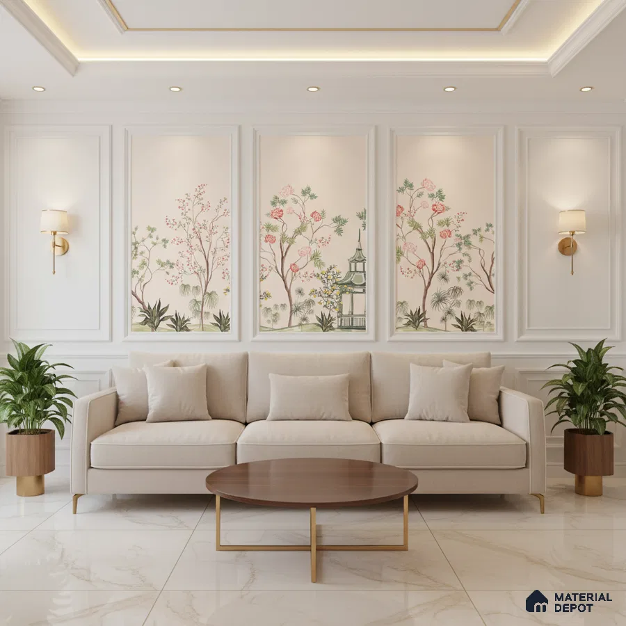 Art Deco living room with chinoiserie wallpaper, marble floor tiles, and beige upholstery in Bengaluru